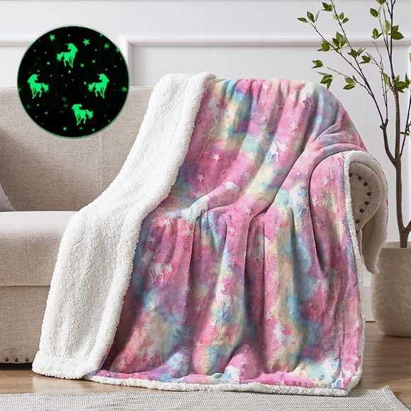 Glow in the Dark Unicorn Fluffy Sherpa Soft Warm Blanket| Rainbow - Picture 1 of 4